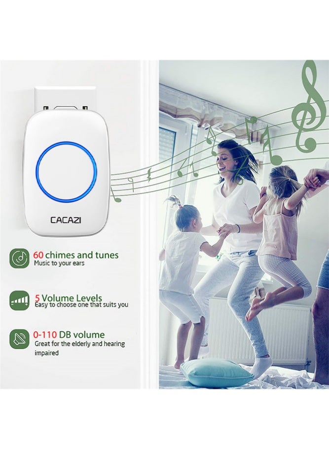 CACAZI Wireless Doorbell, IP44 Waterproof Doorbell, Cordless Doorbell with 60 Sounds and 5 Levels of Volume, Over 300 Meters Range, LED Flash, Calling Bell for Home, Hotel, Office and Villa, Warehouse and Anti-Theft, White - Image 4